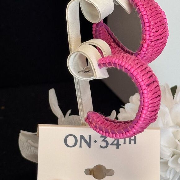 On 34th Pink Woven Open Hoop Earrings 1.25 inch - Picture 2 of 5